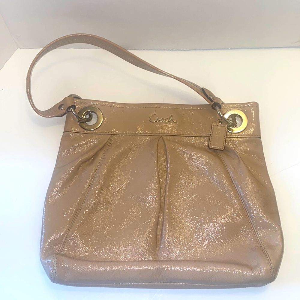 Coach Ashley Patent Leather Beige Pleated Purse